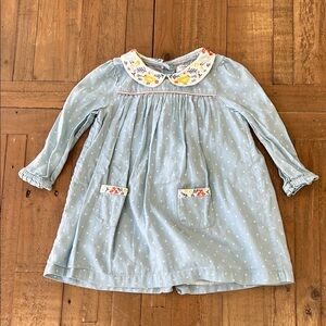 Baby Boden Blue polka dot chick embroidered Peter Pan collar dress 6-12 months